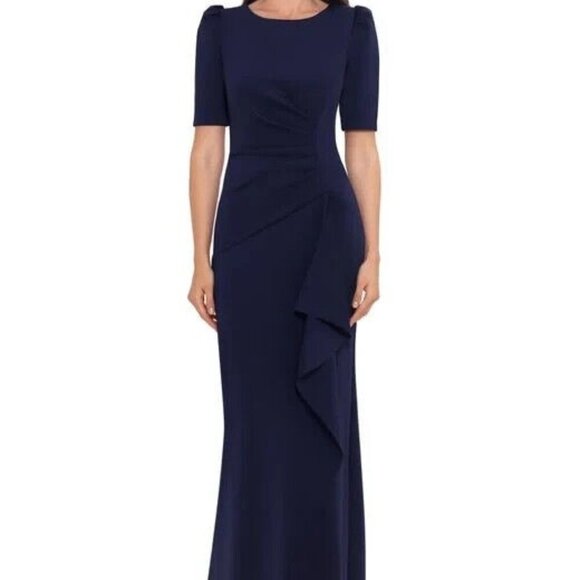 Xscape Midnight Blue Ruched Scuba Crepe Ruffle Gown - Picture 1 of 4